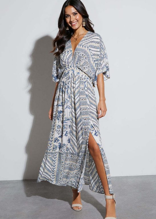 Classy Allover Print Batwing Sleeve Side Slit Maxi Dress