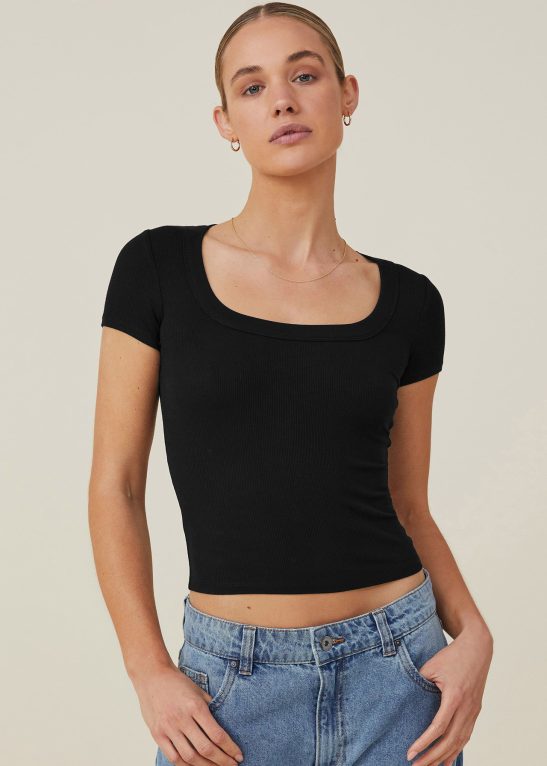 Basic Solid Color U Neck Short Sleeve Slim Top