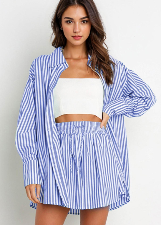 Casual Stripe Collared Button-Up Long Sleeve Shirt & Drawstring Waist Shorts Co-ord
