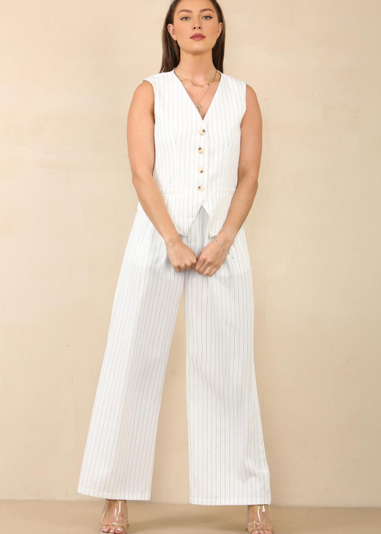Classy V Neck Button Tank Top & Wide Leg Trousers Co-ord