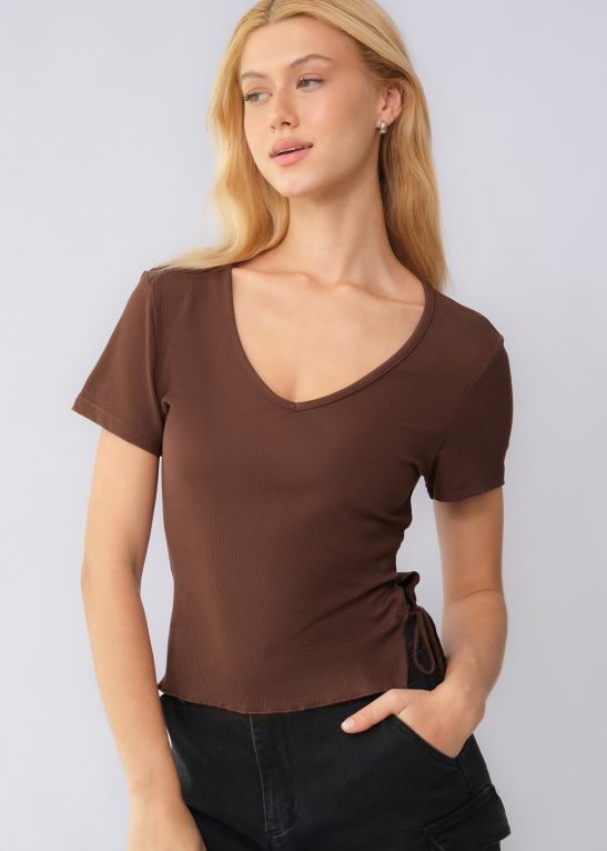 Elegant Solid Color V Neck Short Sleeve Side Drawstring Slim Top