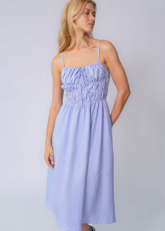 Casual Spaghetti Strap Front Tie Ruched Stripe Maxi Dress