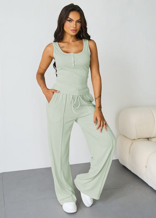 Casual U Neck Sleeveless Crop Top & Elastic Waist Wide Leg Pockets Sweatpants Co-ord