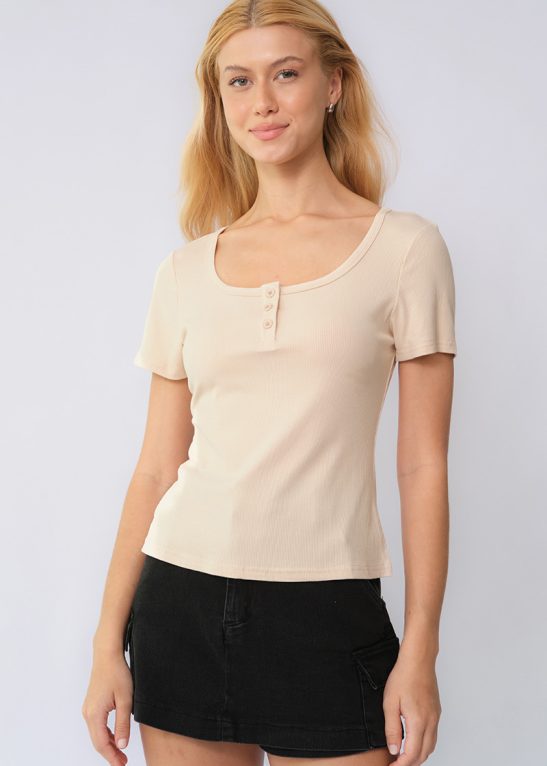 Basic Solid Color Button Square Neck Slim Short Sleeve Top