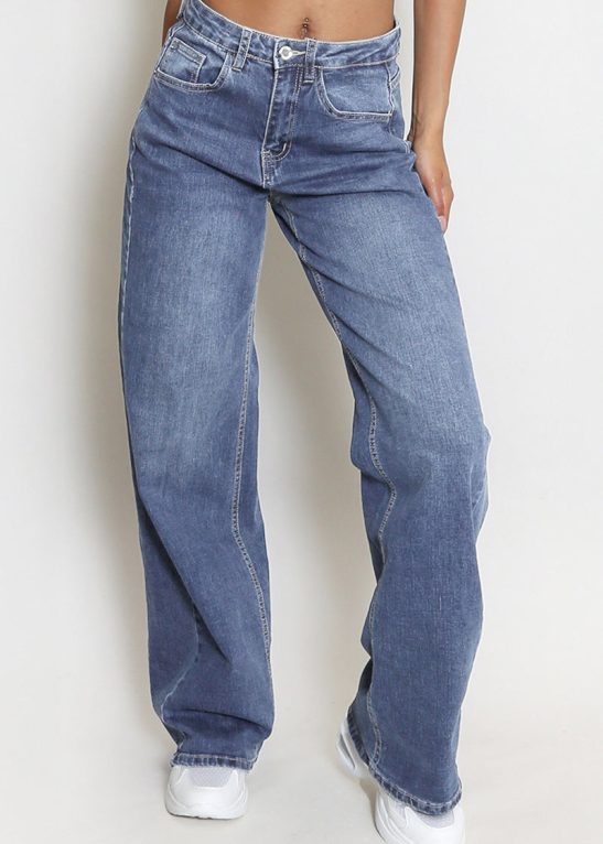 Casual Mid-Rise Denim Multi-Pocket Wide Leg Jeans