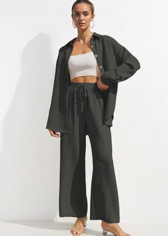Basic Collared Long Sleeve Shirt & Drawstring Waist Trousers Co-ord