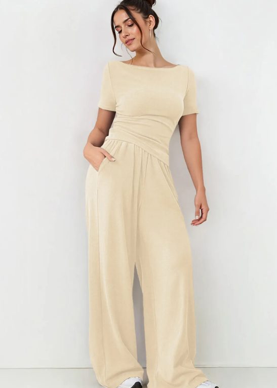 Basic Solid Color Scoop Neck Short Sleeve Slim Top & Wide Leg Pocket Trousers Co-ord