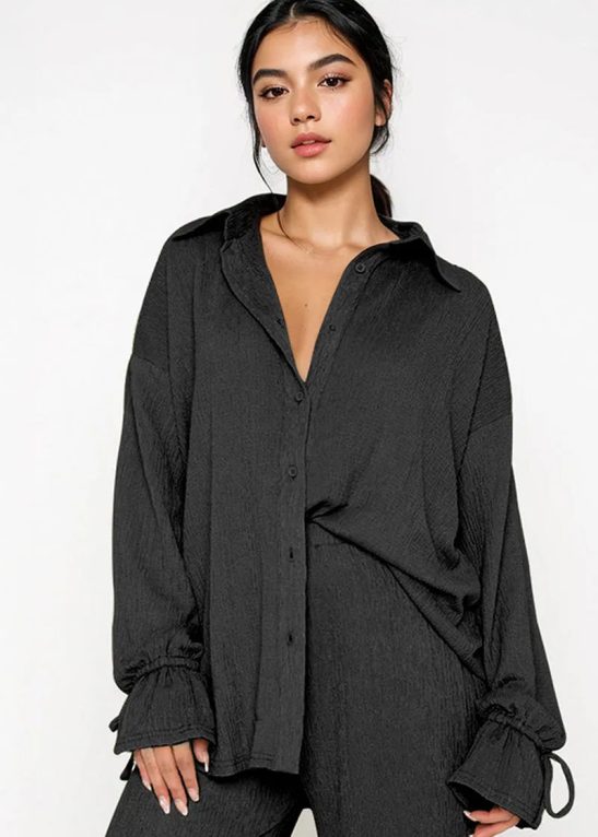 Commuter Solid Collared Tie-Up Long Sleeve Button Shirt & Wide Leg Trousers Co-ord