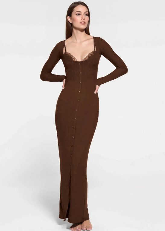 Elegant U Neck Lace Trim Button Through Slinky Maxi Dress