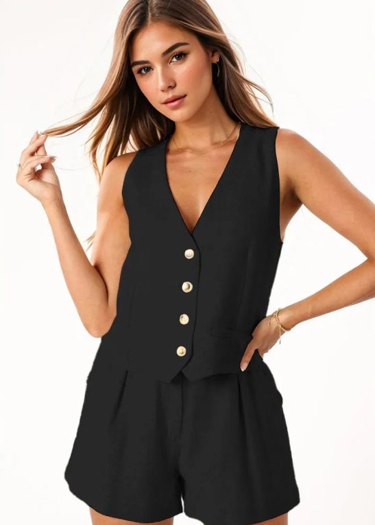 Casual V Neck Button Tank & Wide Leg Shorts Co-ord