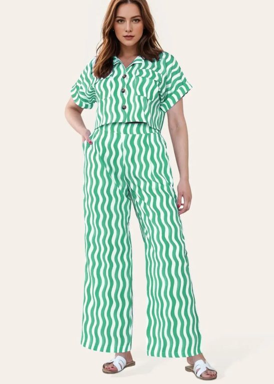 Leisure Wave Stripe Collared Flap Pocket Crop Shirt & Wide Leg Trousers Co-ord