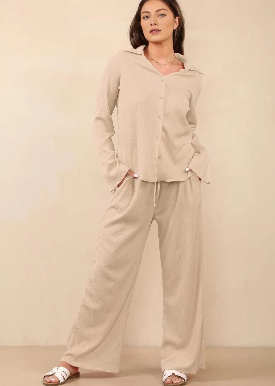 Minimalist Solid Color Collared Long Sleeve Blouse & Wide Leg Trousers Co-ord