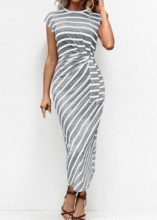 Summer Elegant Color Matching Stripe Knotted Slinky Maxi Dress