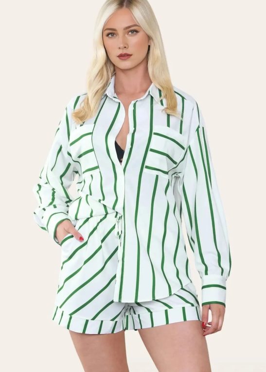 Trendy Color Matching Stripe Patch Pocket Button-Up Long Sleeve Shirt & Wide Leg Shorts Co-ord