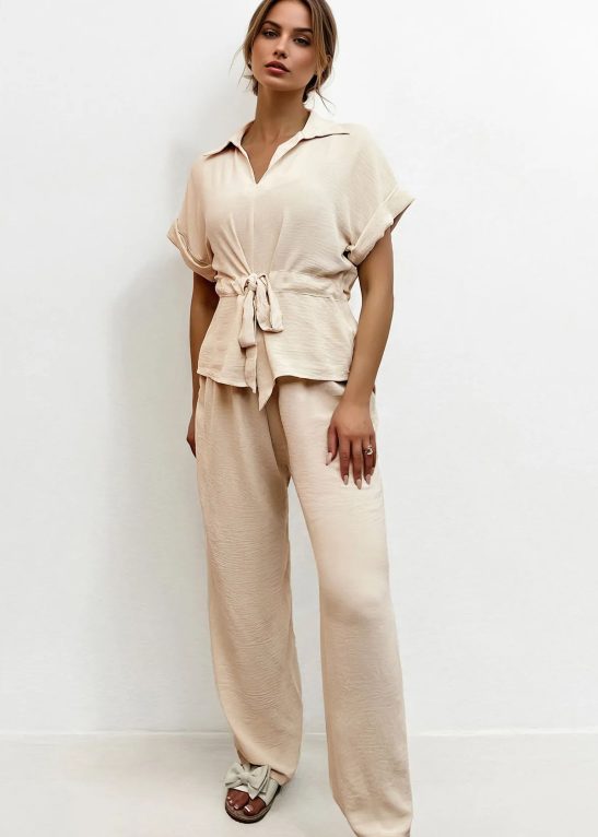 Versatile Collared Rolled-Up Short Sleeve Top & Wide Leg Trousers Co-ord