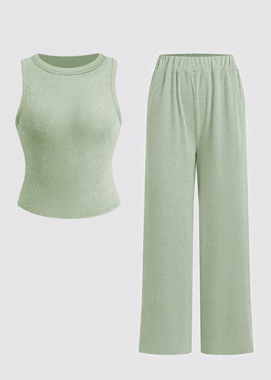 Versatile Solid Color Shelf-Bra Tank Top & Wide Leg Trousers Co-ord
