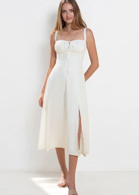 Vibrant Solid Color Front Tie Thin Waist Strappy Maxi Dress