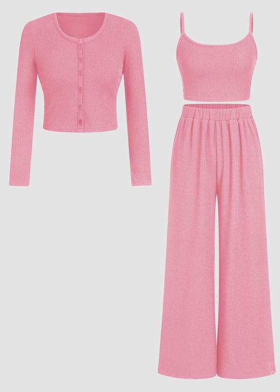 Minimalist Slim Camisole & High-Waist Trousers with Long-Sleeve Cardigan 3-Piece Set Co-ords