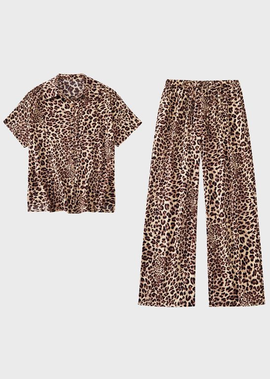 Chic Leopard Print Collared Button Short Sleeve Shirt & Wide Leg Trousers Co-ord