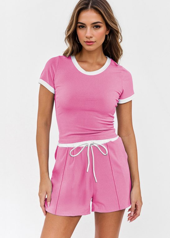Casual Round Neck Contrast Trim Short Sleeve Top & Pocket Drawstring Waist Shorts Co-ord